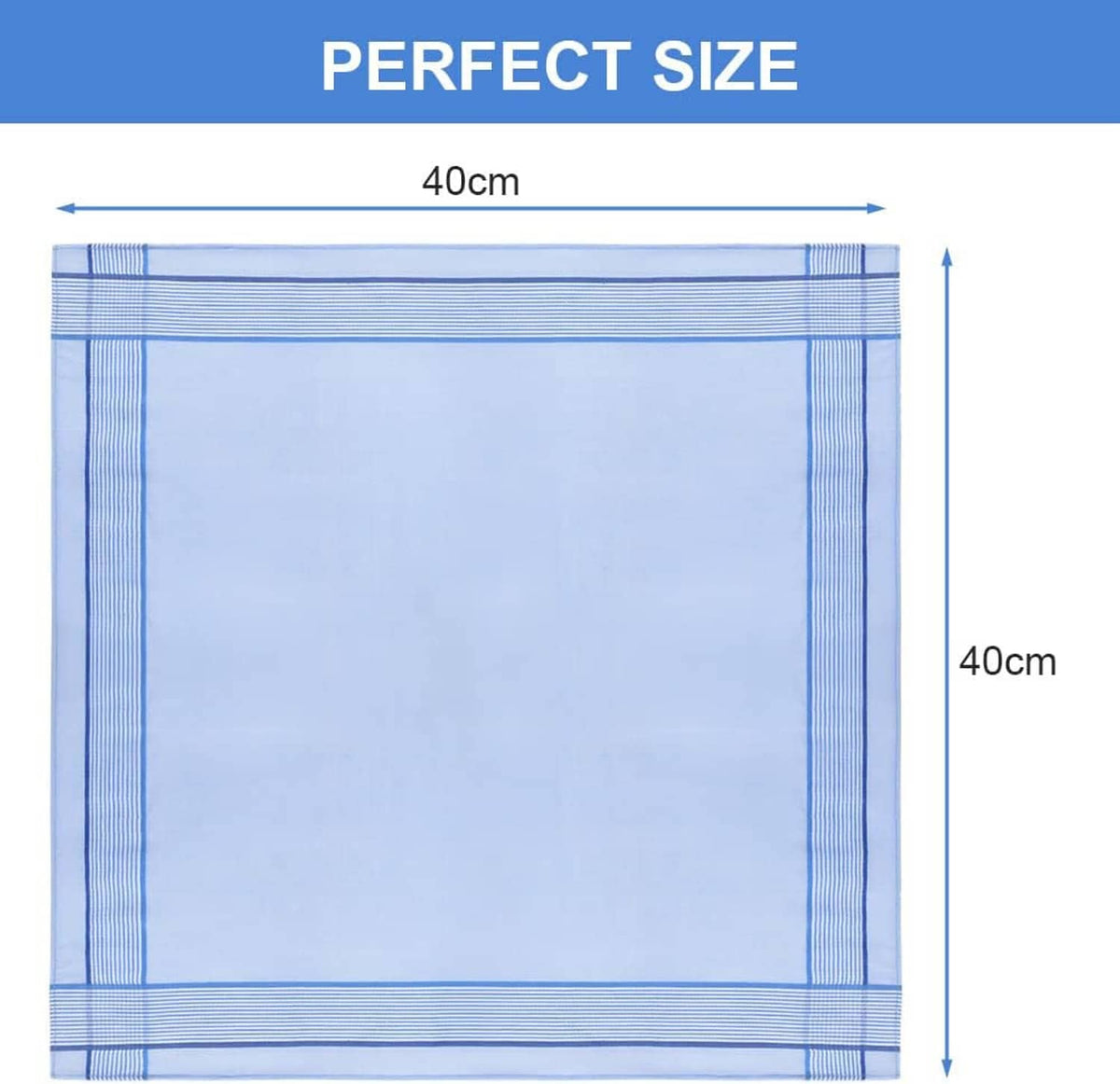 Men’s handkerchief size guide showing 40cm by 40cm border lines