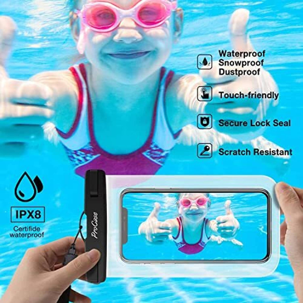 Clear waterproof phone pouch held in water with touch-friendly window and secure seal icons