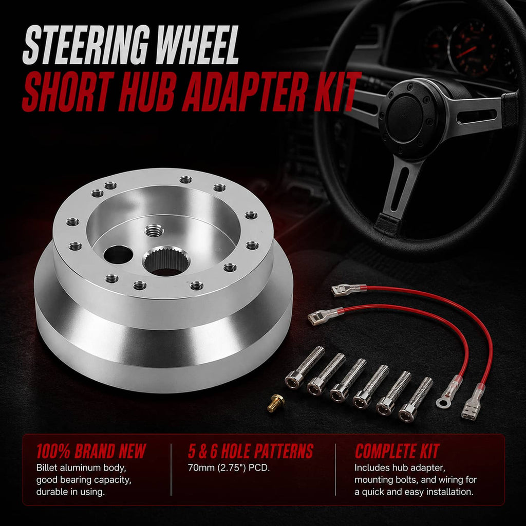 Steering wheel hub adapter kit with polished aluminum hub, bolts, and wiring