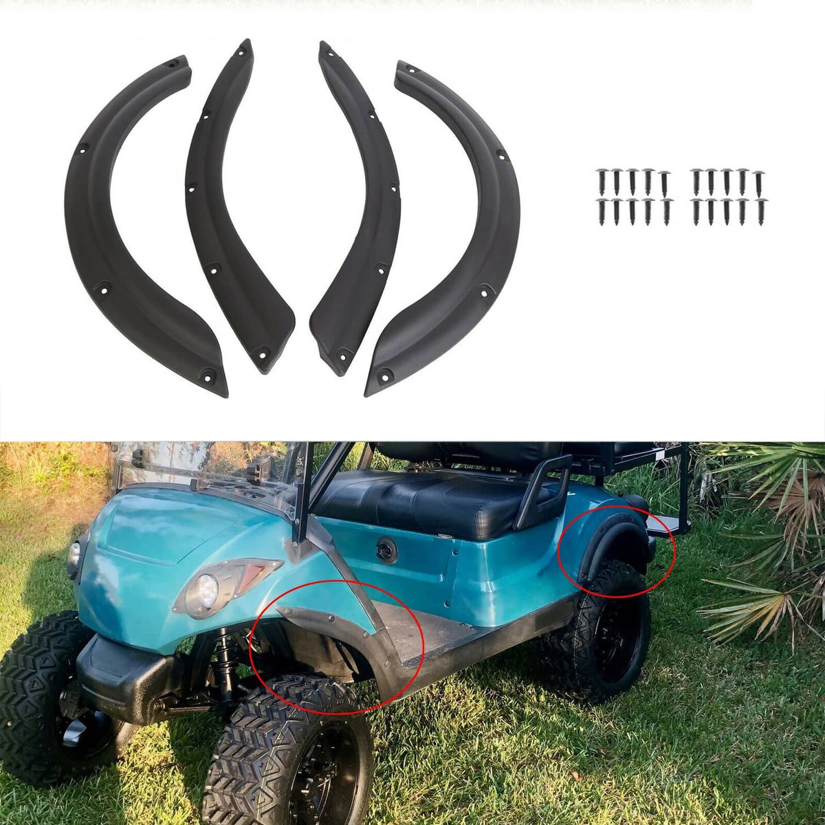 Golf cart fender flare set: four black curved pieces plus mounting screws, for front and rear