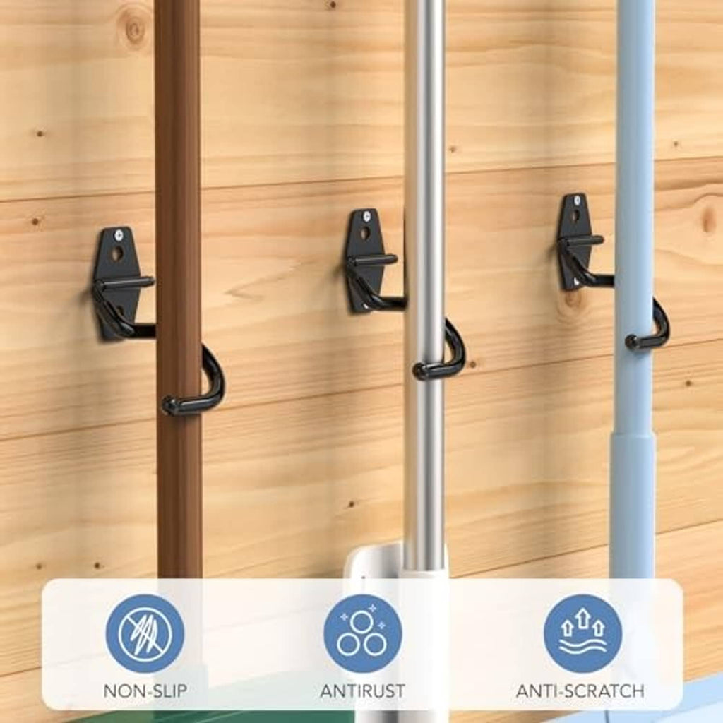 Black wall hooks with S-shaped arms and mounting plates for hanging tools