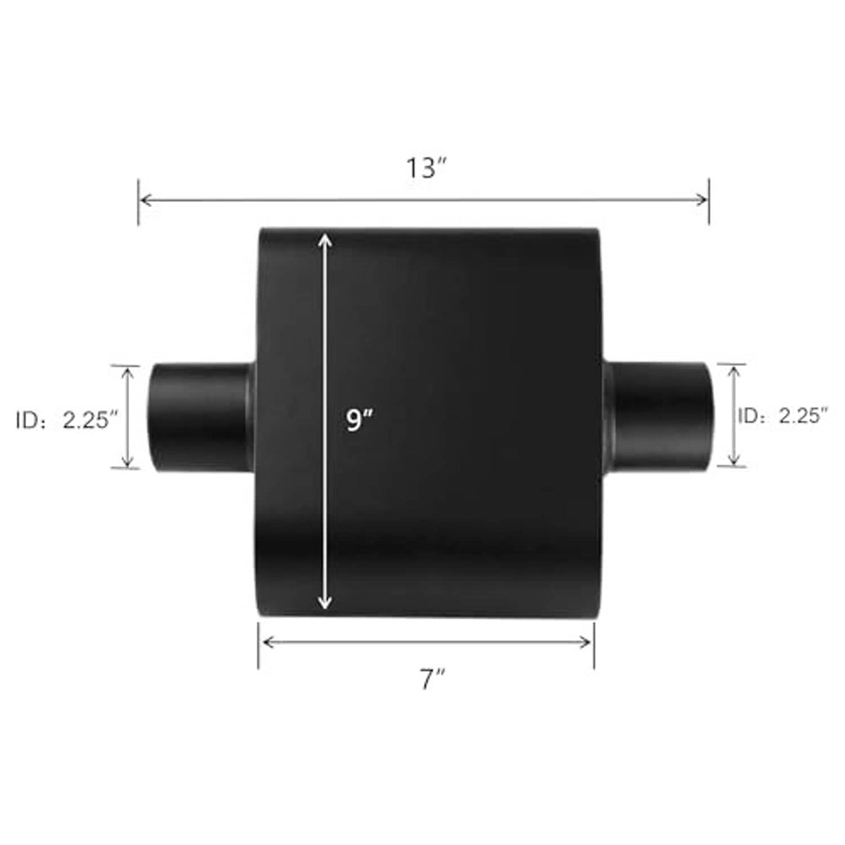 Black muffler dimensions diagram: 13" length, 9" body, 7" width, ID 2.25".