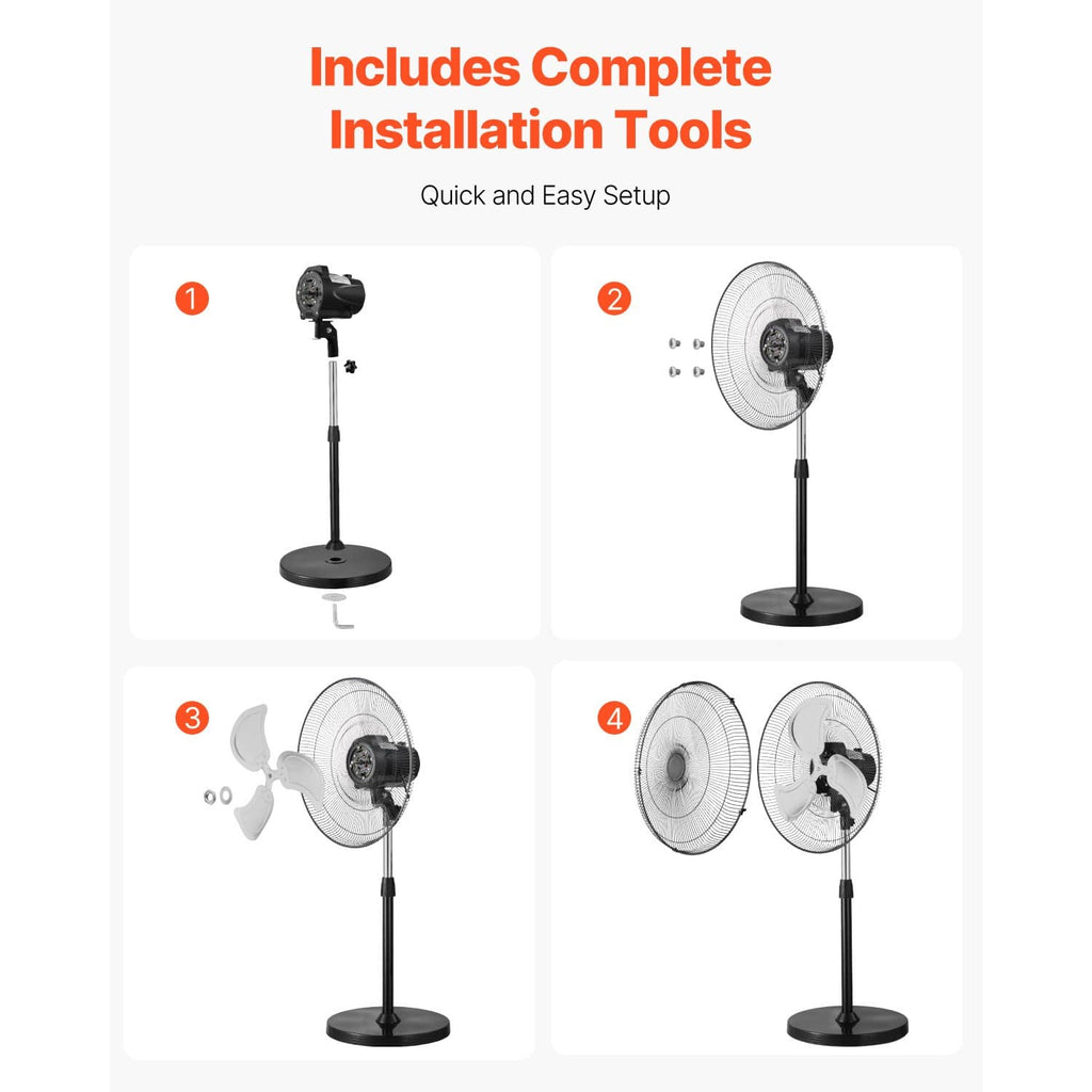 Pedestal fan installation steps showing assembled fan components and base