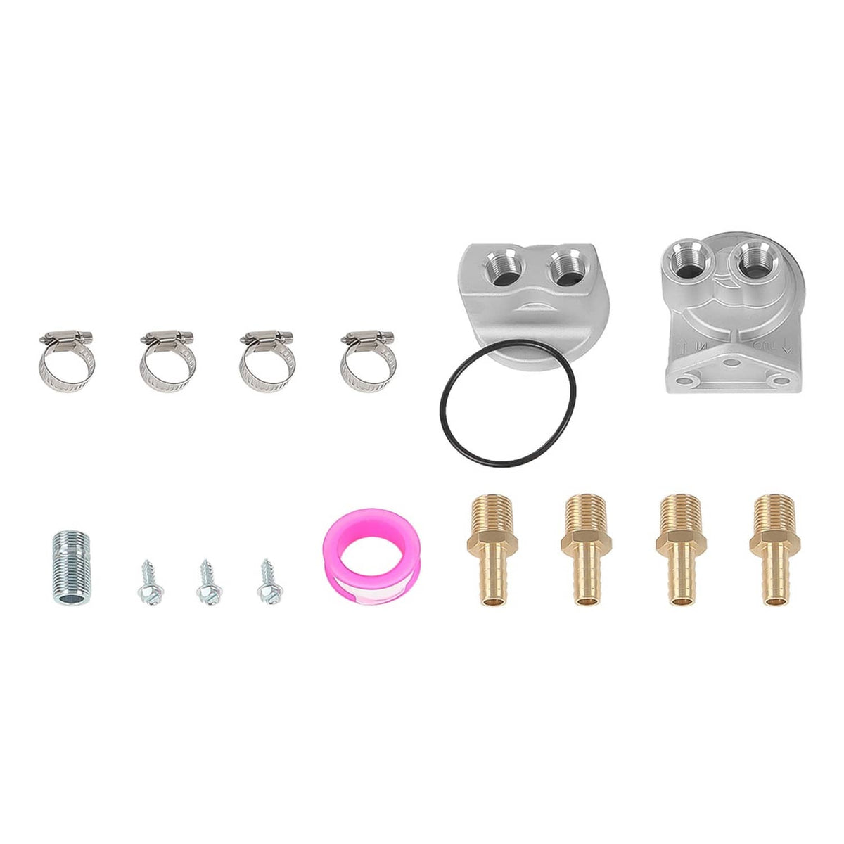 Oil filter adapter kit small parts: metal mounts, pink O-ring, clamps, brass thread fittings