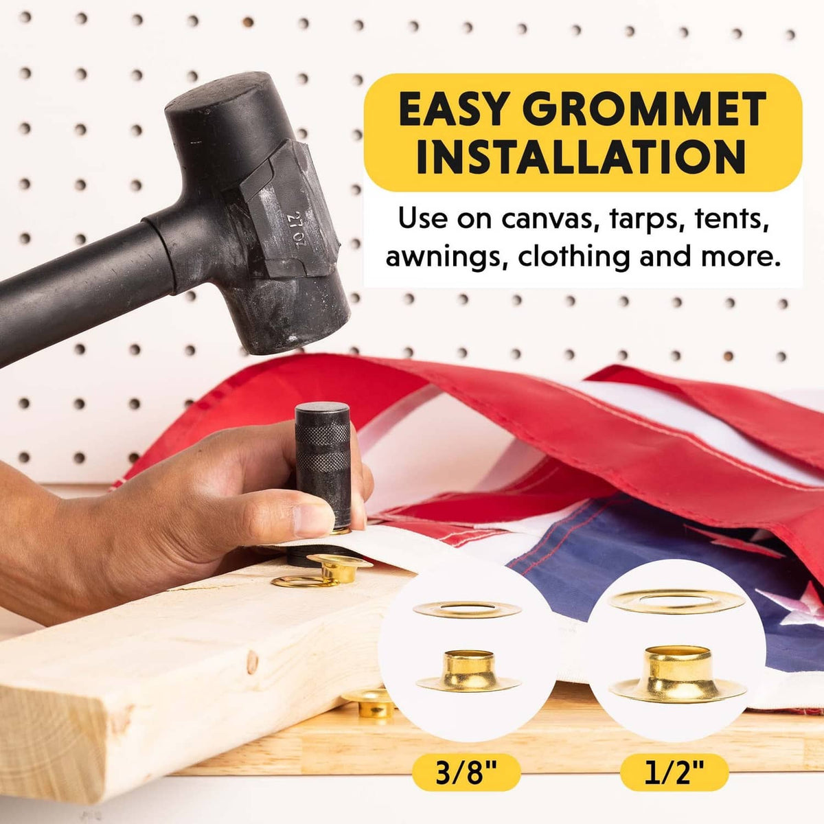 Grommet installation using a punch tool and solid brass grommets on canvas
