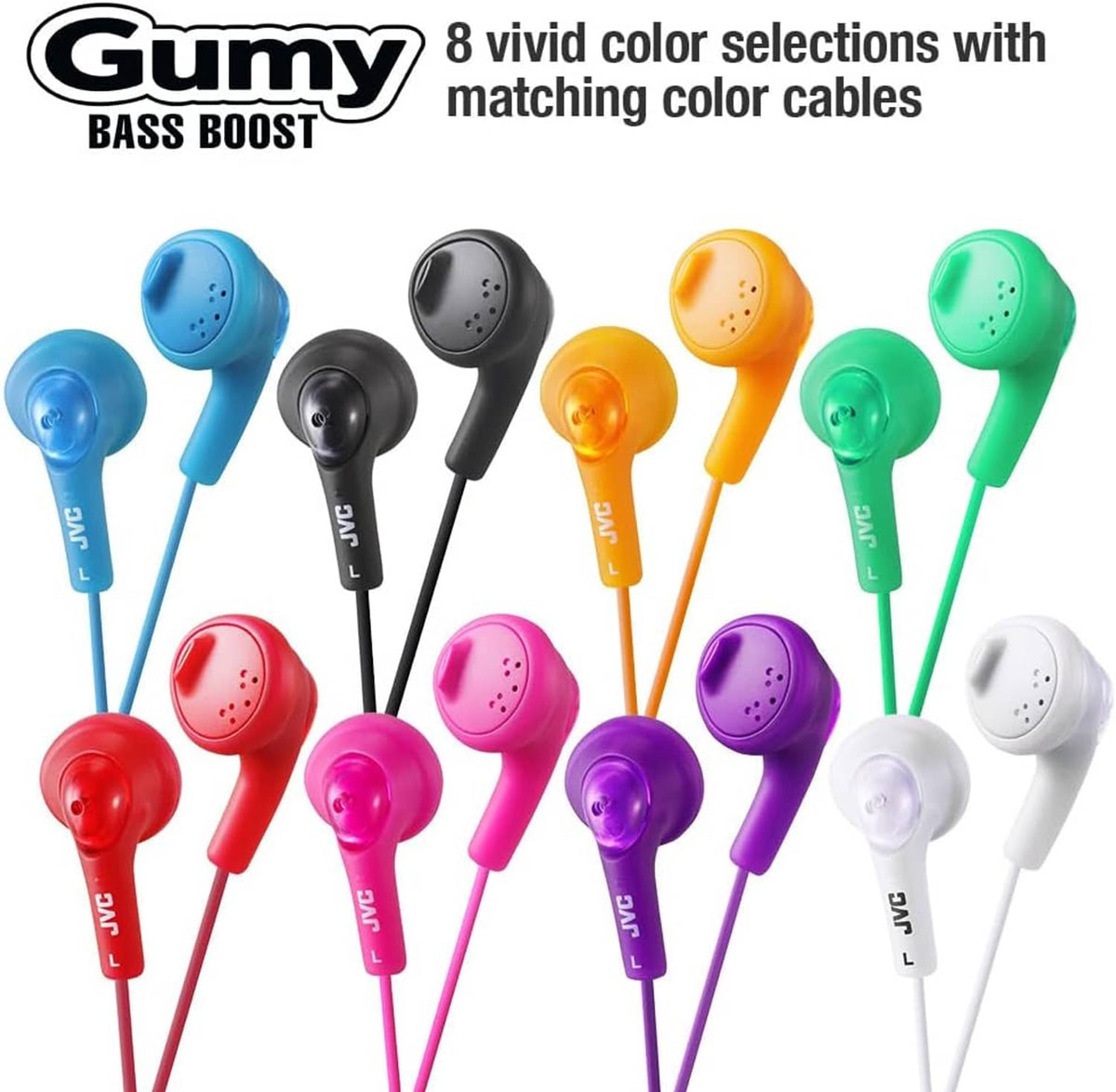 Gumy Bass Boost in-ear earbud headphones shown in multiple colors with matching cables