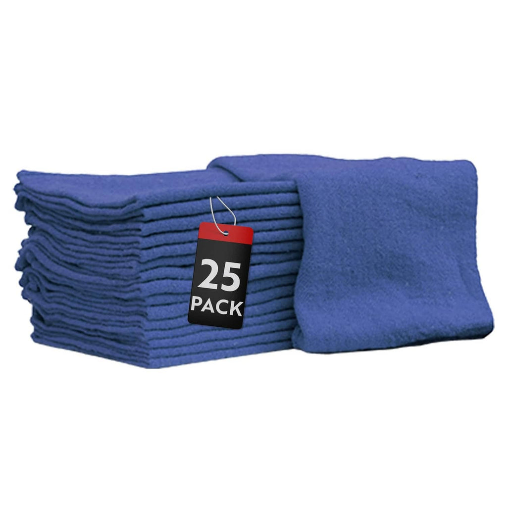 Blue mechanic shop towels, folded stack with 25-pack tag