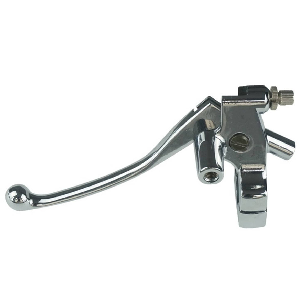 Chrome left motorcycle clutch lever perch with mounting screws and black grip lever