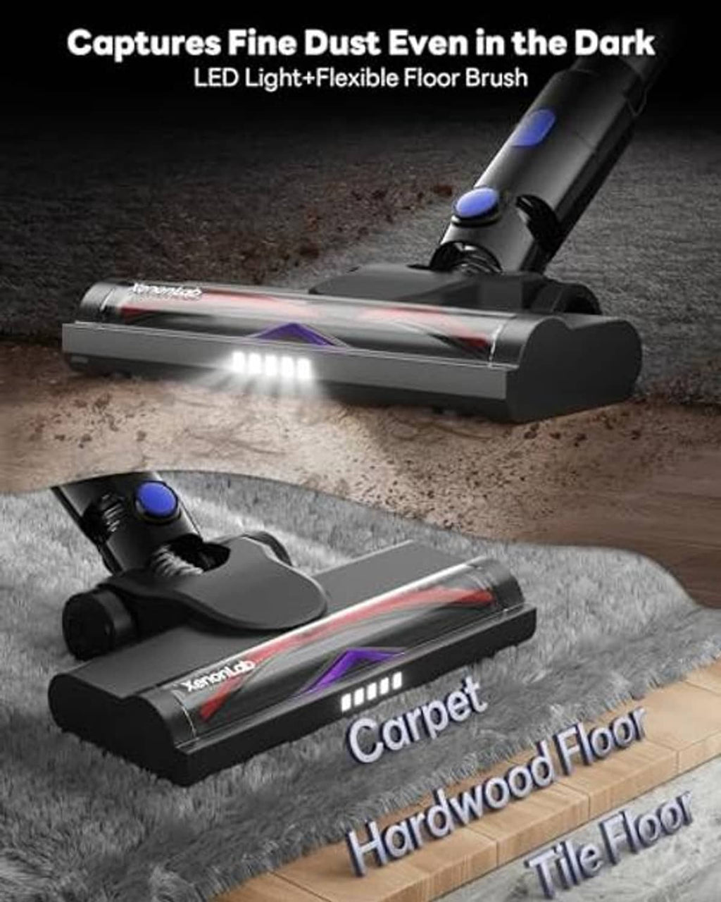 Cordless stick vacuum floor brush with visible LED lights and blue dust bin