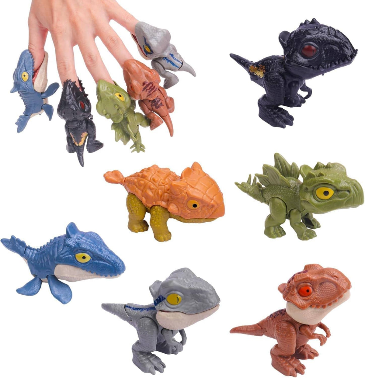 Biting finger dinosaur toy set with multiple chomp dinos, shown in assorted colors