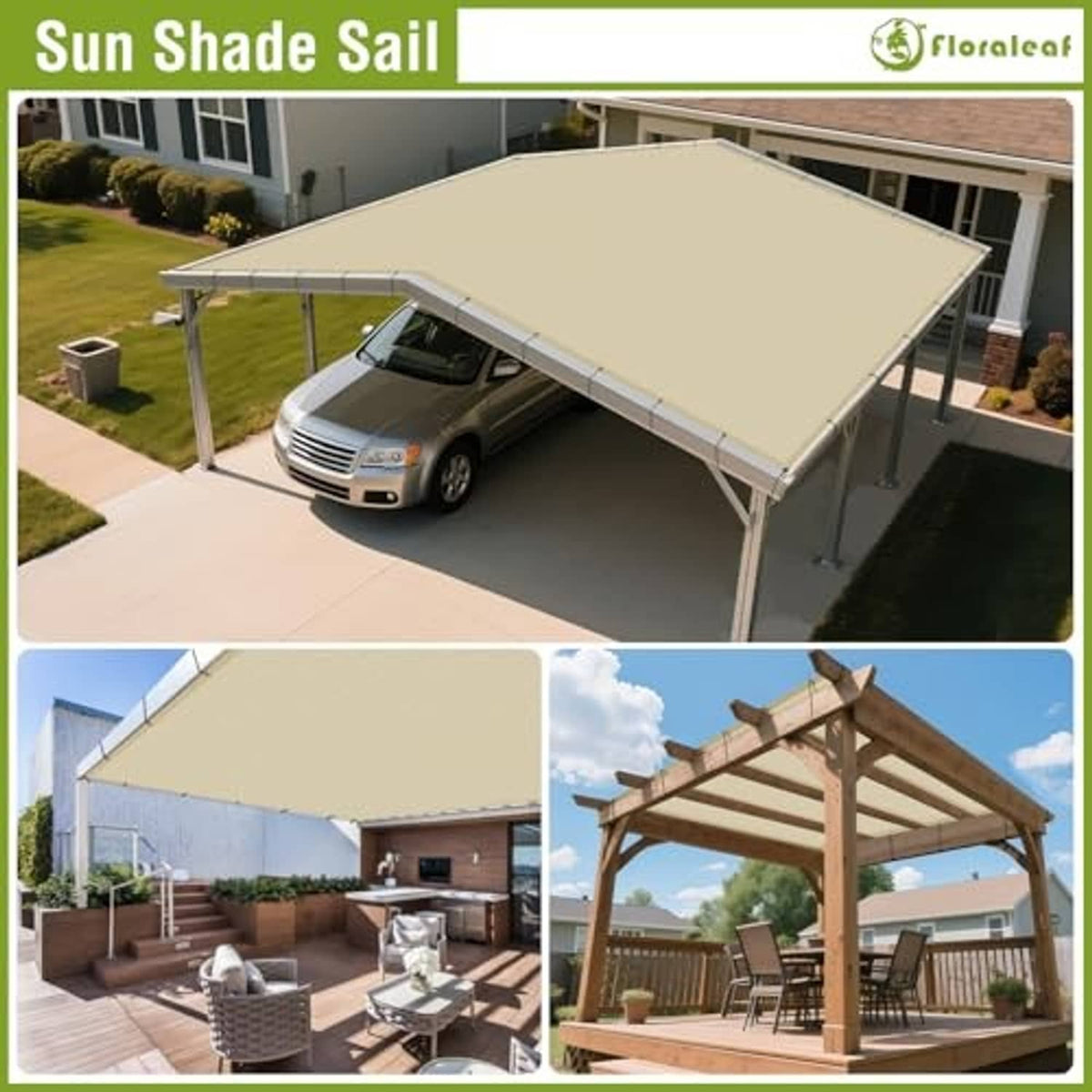 Beige pergola shade sail canopy stretched over patio structure