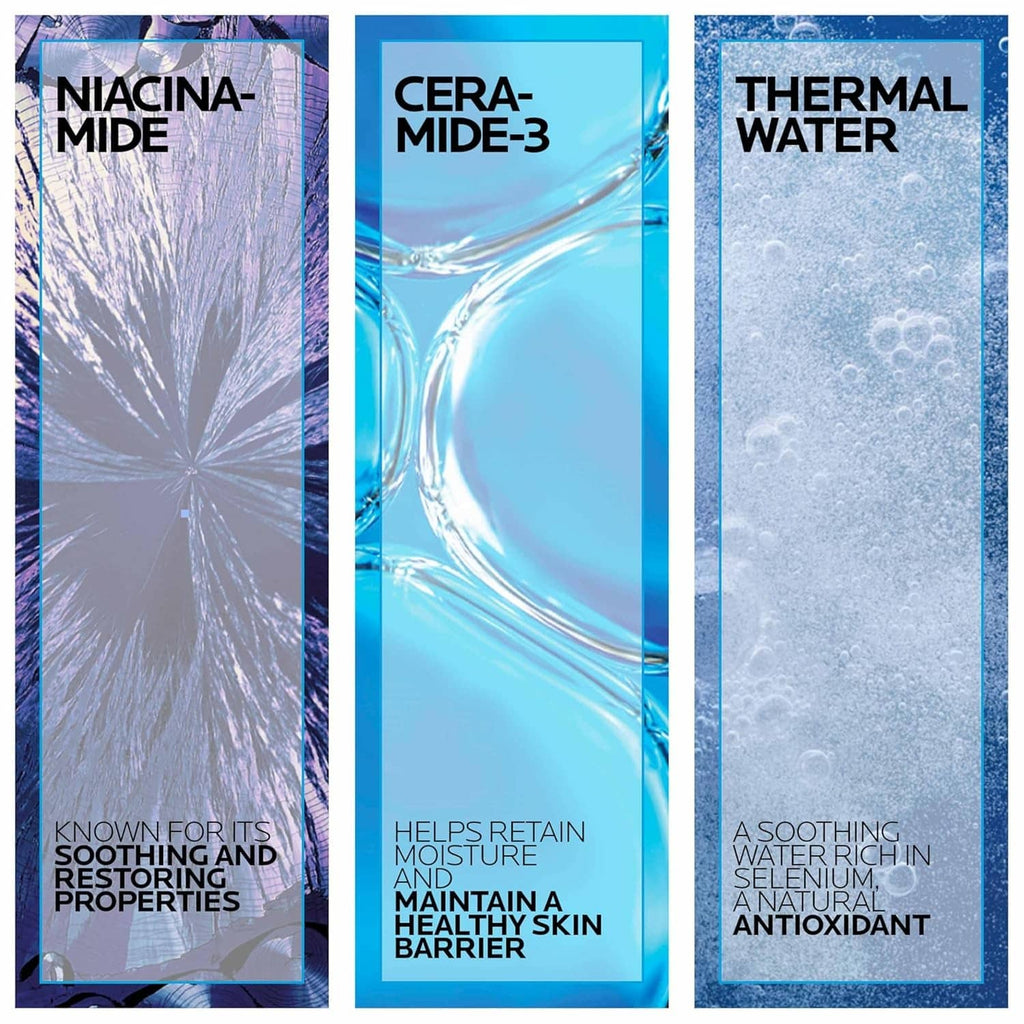 Three skincare benefit panels: Niacinamide, Ceramide-3, and Thermal Water