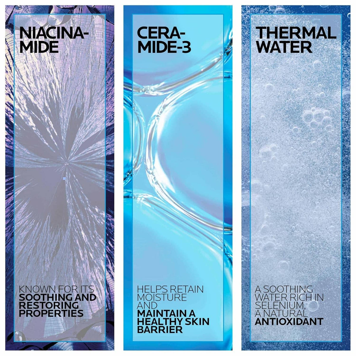 Three skincare benefit panels: Niacinamide, Ceramide-3, and Thermal Water