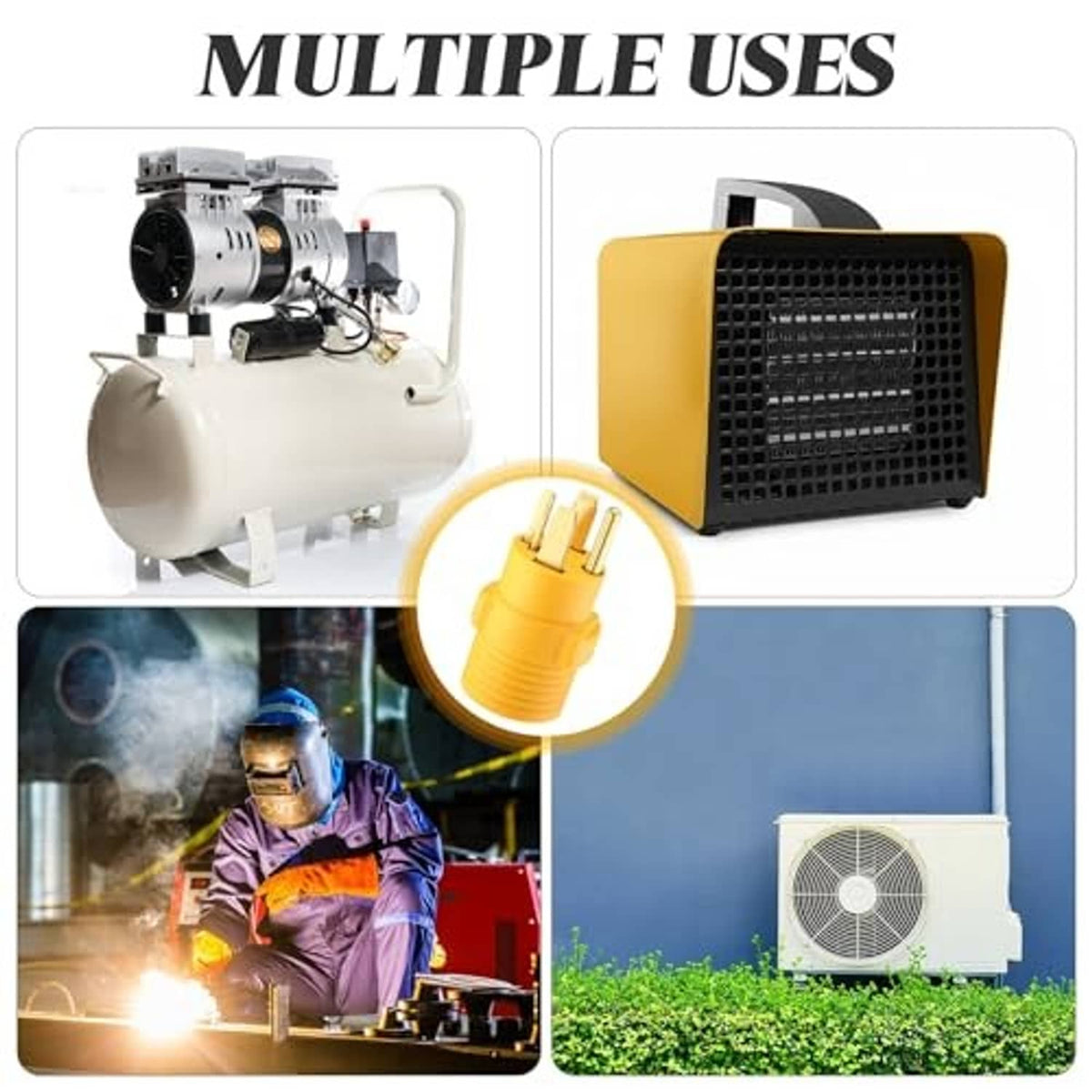 Yellow dryer-to-welder power adapter for tools and equipment, NEMA conversion plug