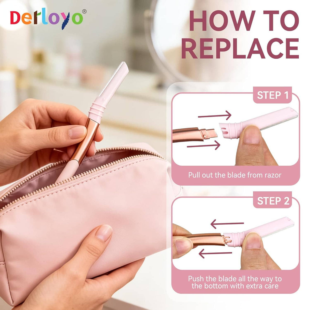 Pink eyebrow razor with replaceable blade cartridge and hands demonstrating blade removal