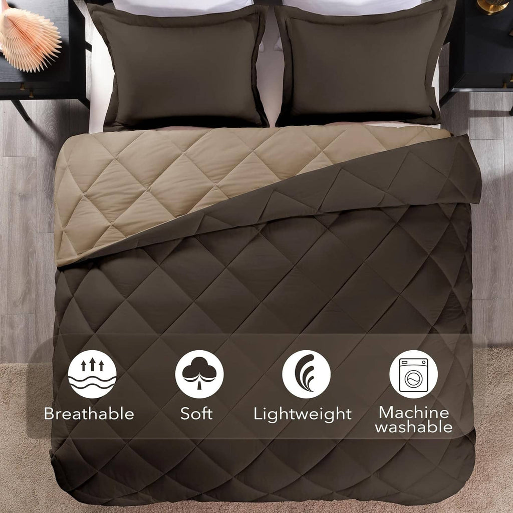 Comforter set with brown and tan quilted layers and matching pillow shams