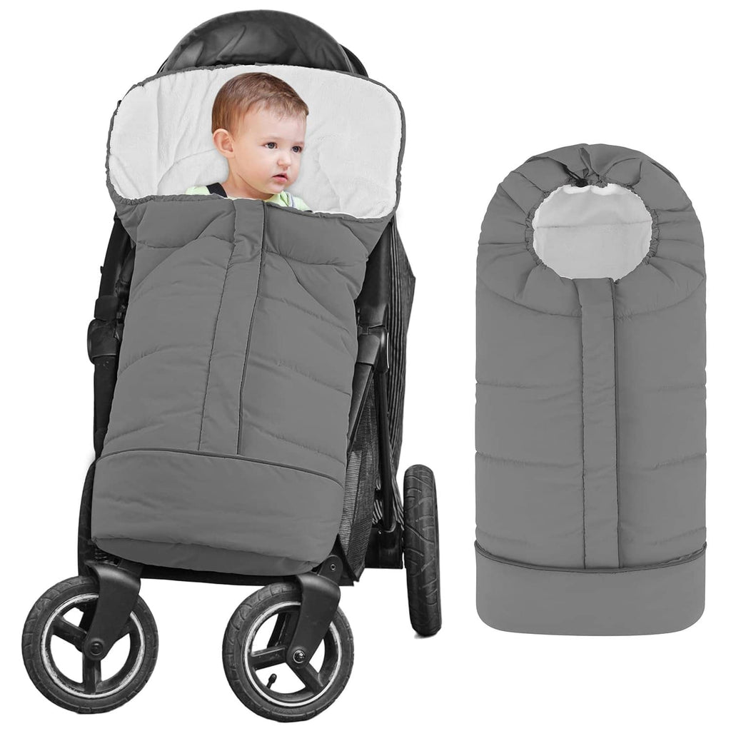 Universal stroller footmuff with hood, dark gray padded insert on toddler stroller