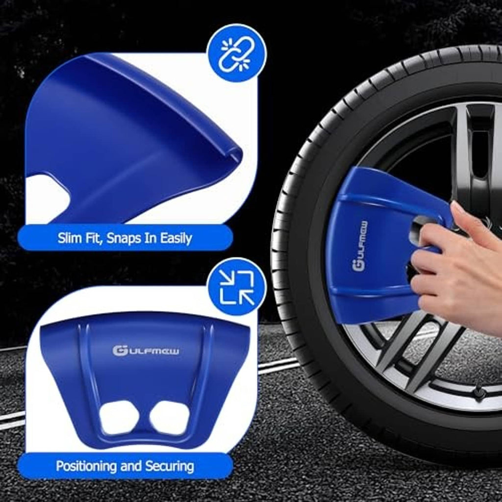Blue wheel rim protector guards with grip tabs, shown on a tire and wheel