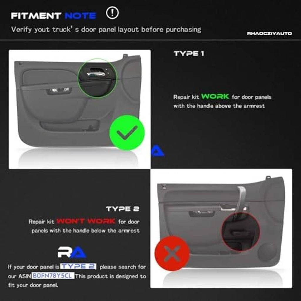 Armrest repair kit fitment note with type 1 and type 2 door panel check
