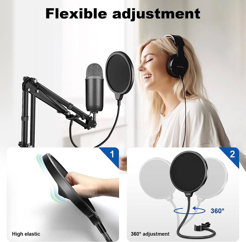 Black pop filter shield with flexible mounting showing multi-angle adjustment