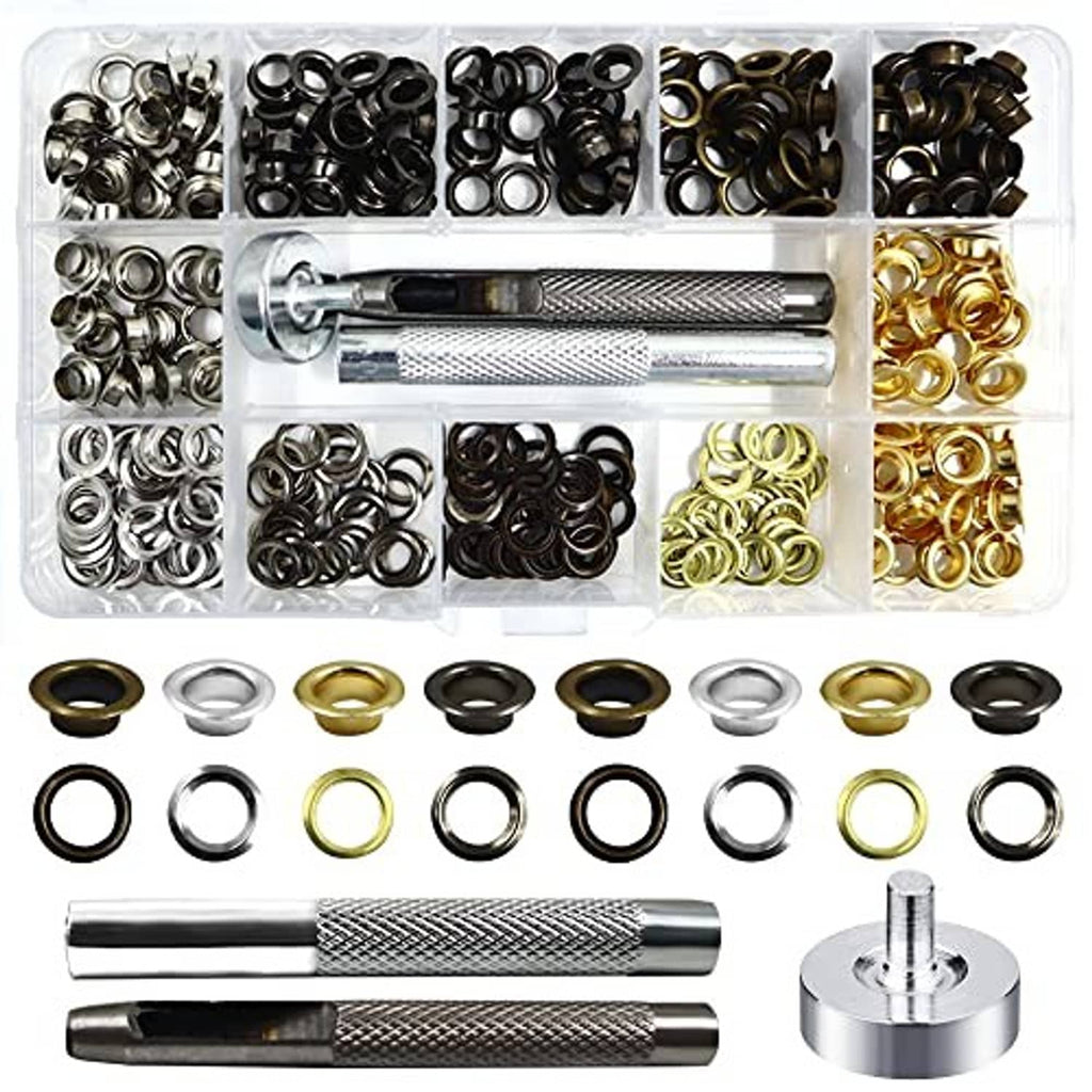 Metal grommet eyelets and grommet setting tool kit in a clear storage case