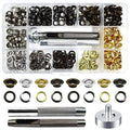 Metal grommet eyelets and grommet setting tool kit in a clear storage case