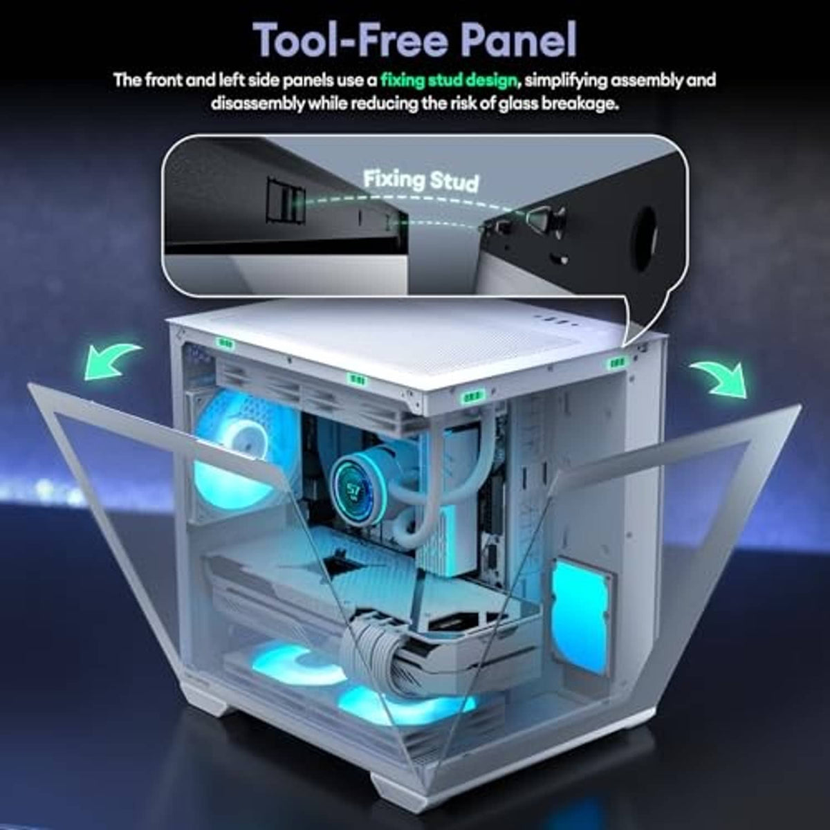 PC case with panels open and tool-free design, showing RGB fans and interior layout.