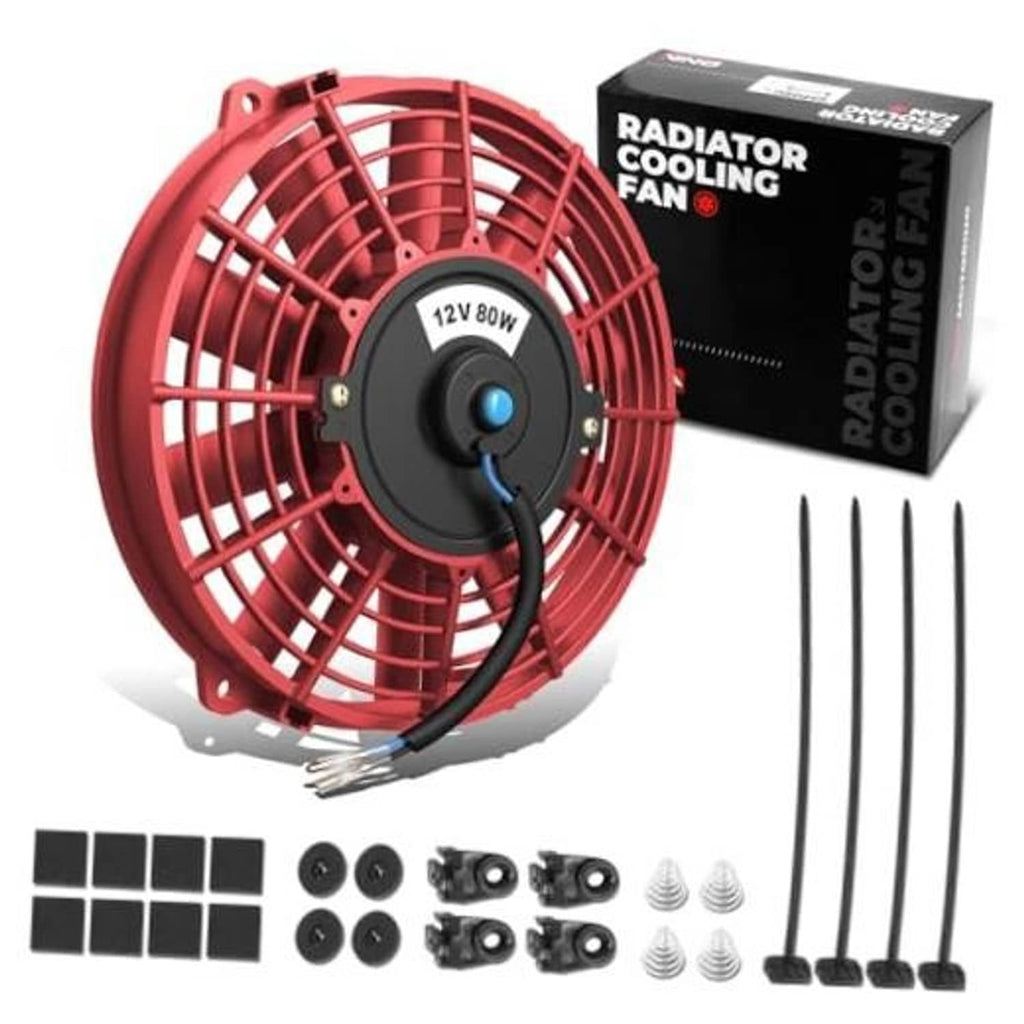 7-inch electric radiator cooling fan with red grille and black motor housing