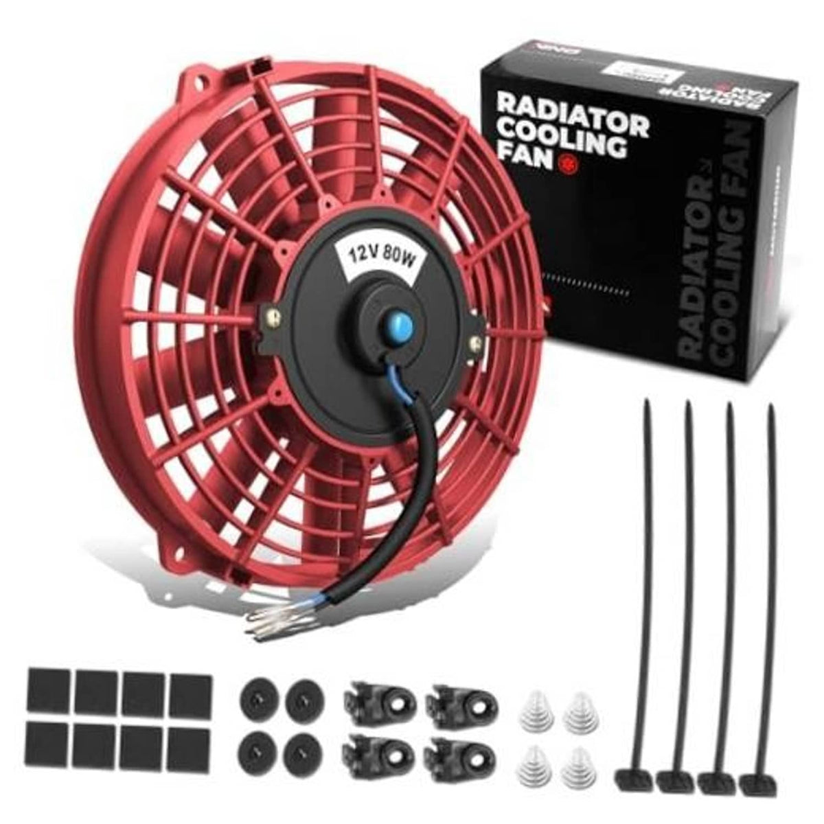 7-inch electric radiator cooling fan with red grille and black motor housing