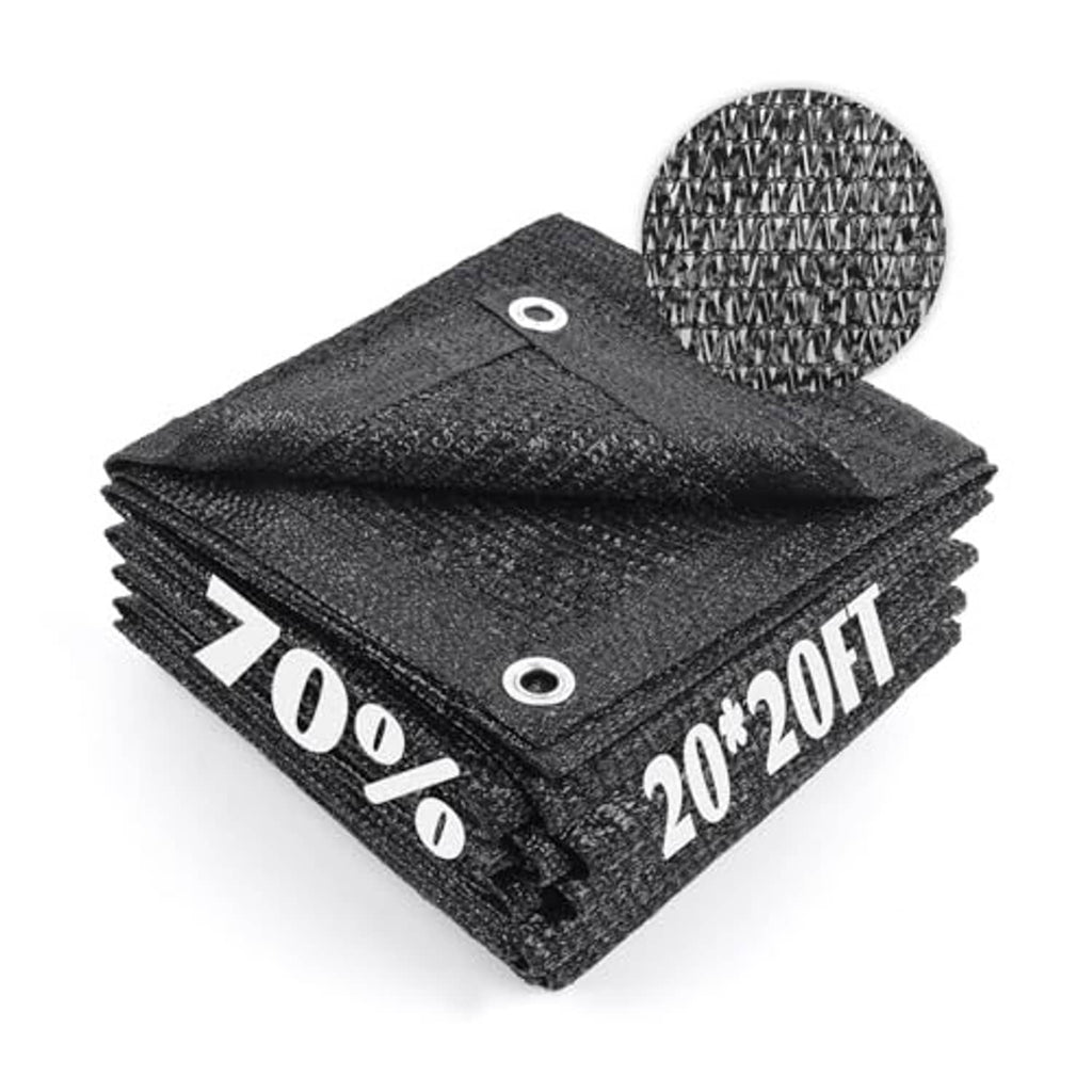 Black mesh shade cloth tarp folded with visible metal grommet and 20ft marking