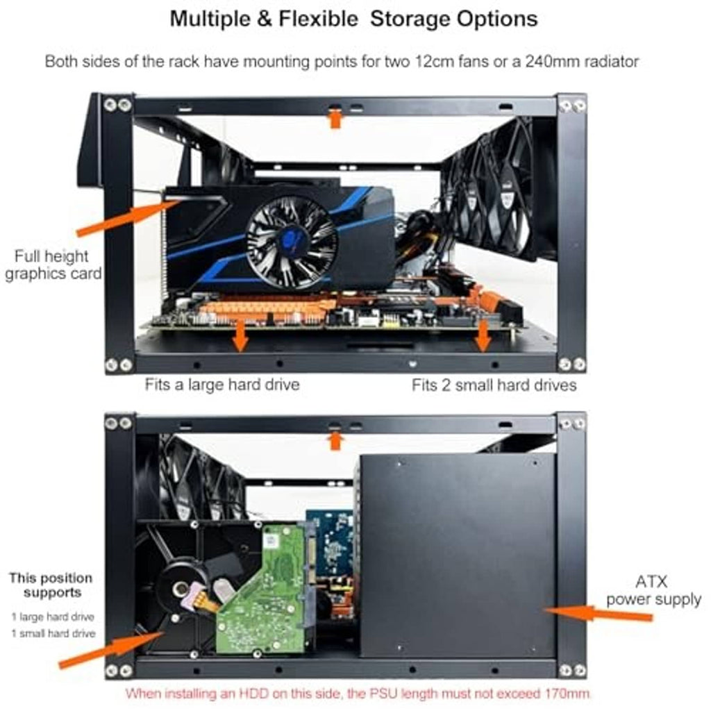 Open-frame PC case with graphics card slot and storage mounting positions