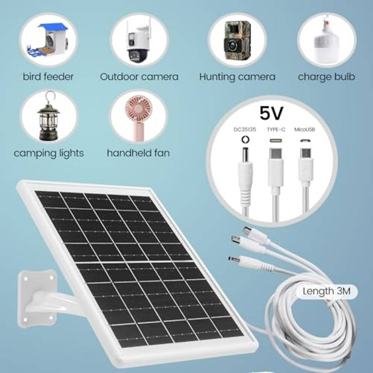 Solar panel charger kit with DC cables and multiple small device connectors