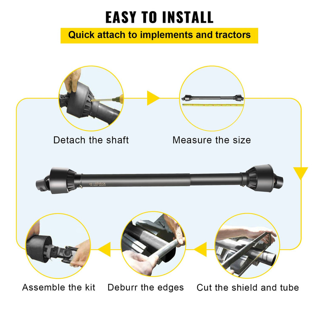 PTO drive shaft installation with quick-attach end connectors