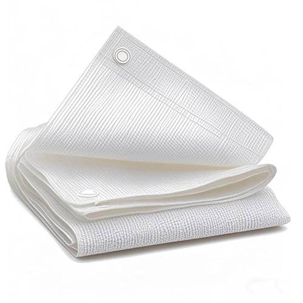 White shade cloth roll with edge seam and grommet, folded mesh netting