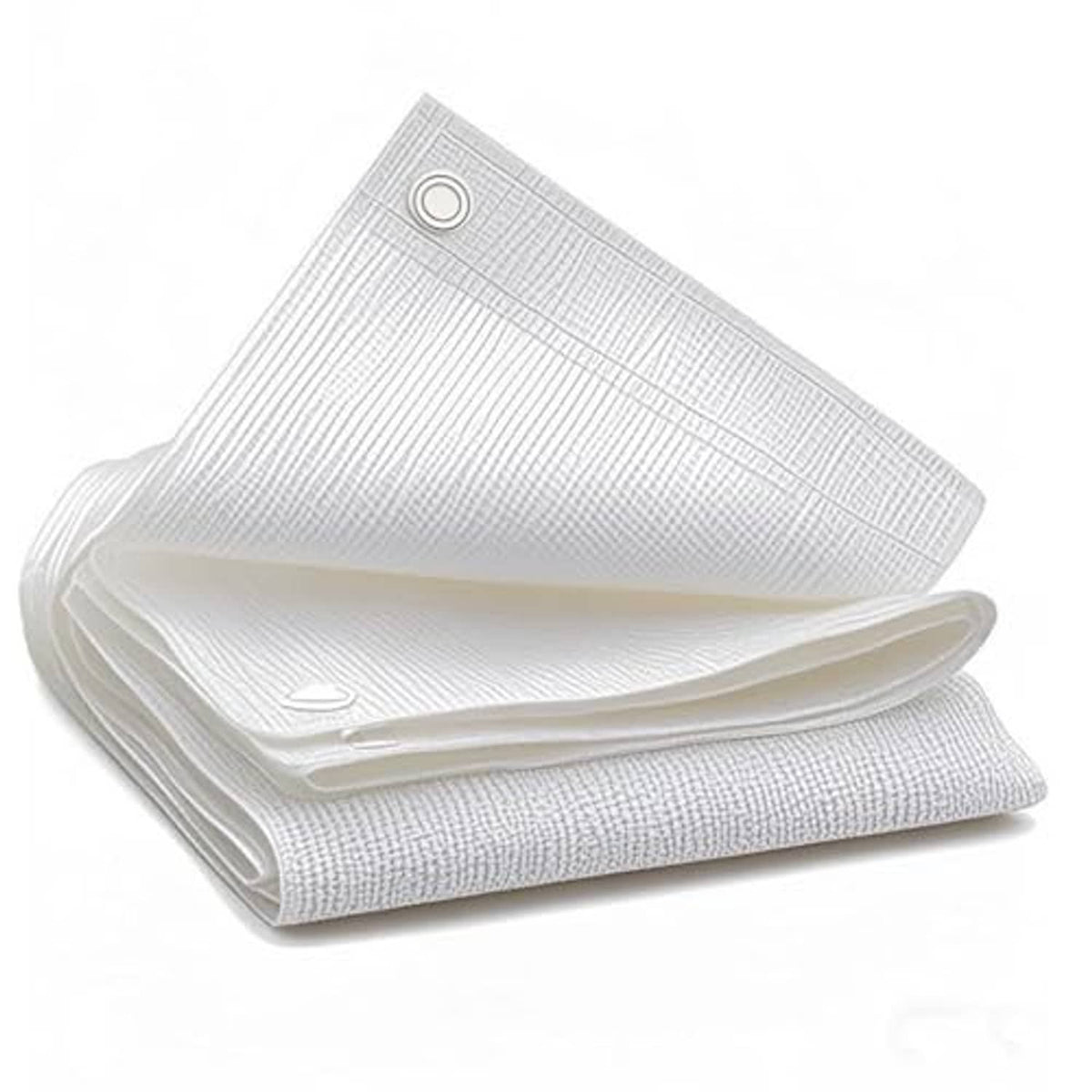 White shade cloth roll with edge seam and grommet, folded mesh netting