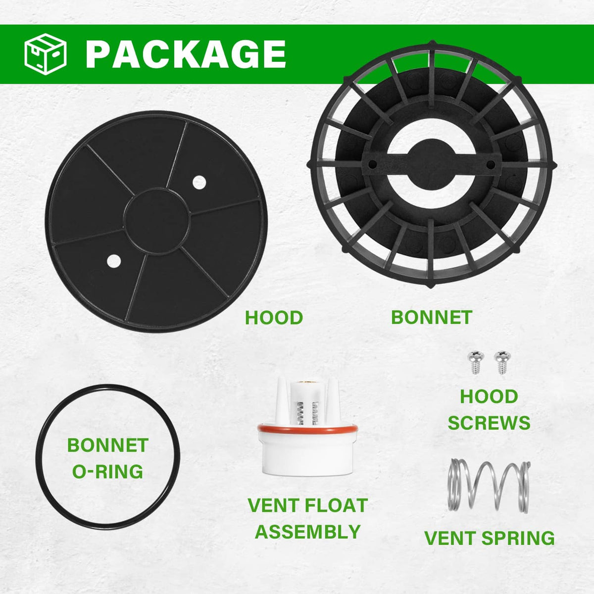 1-inch freeze-resistant retrofit kit package: hood, bonnet, vent float, spring, o-ring