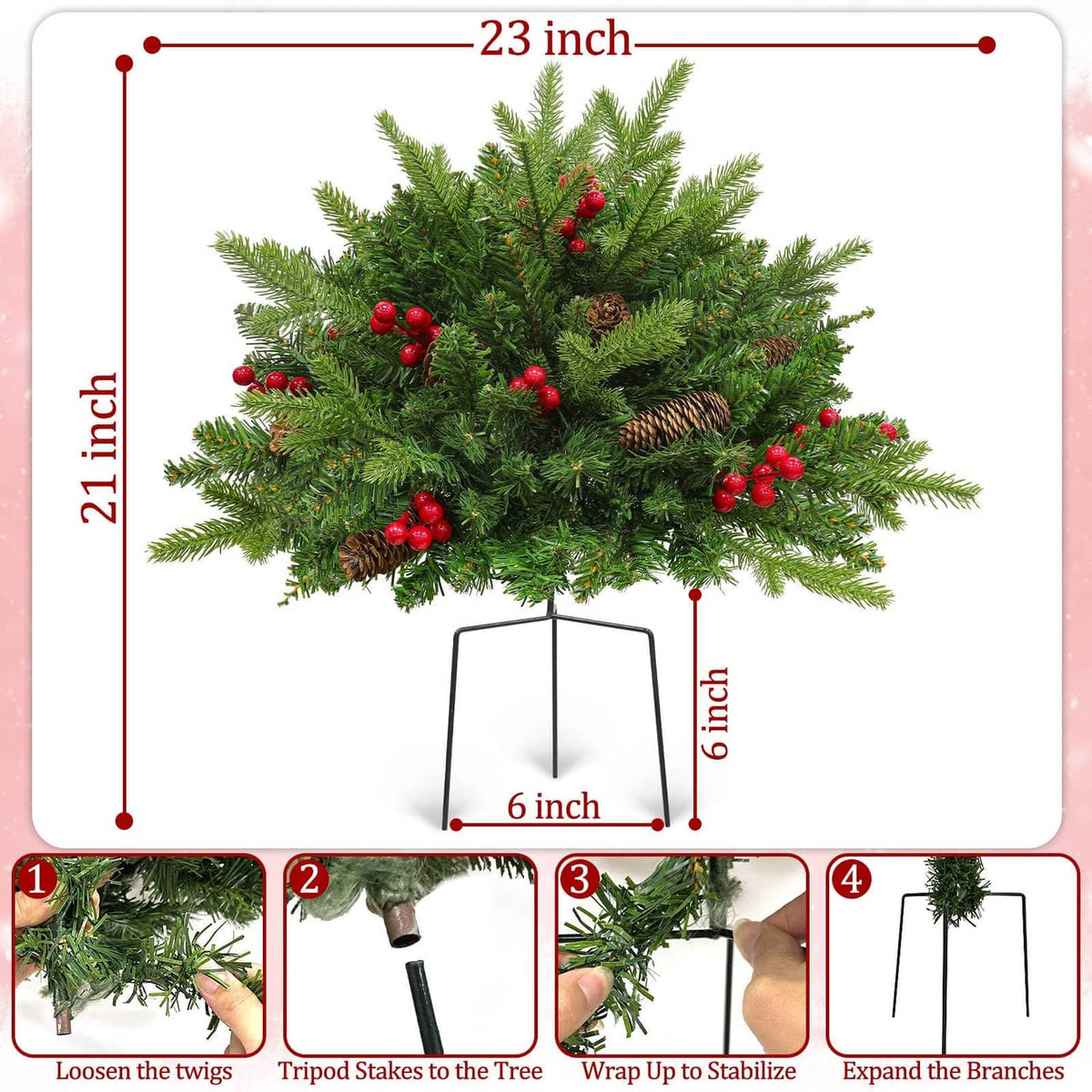 21-inch artificial Christmas tree with red berries, pinecones, and 3-leg metal stand