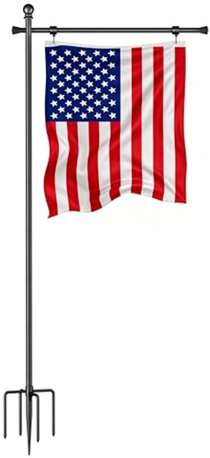 In-ground flag pole holder with dark pole and American flag hanging from top bar