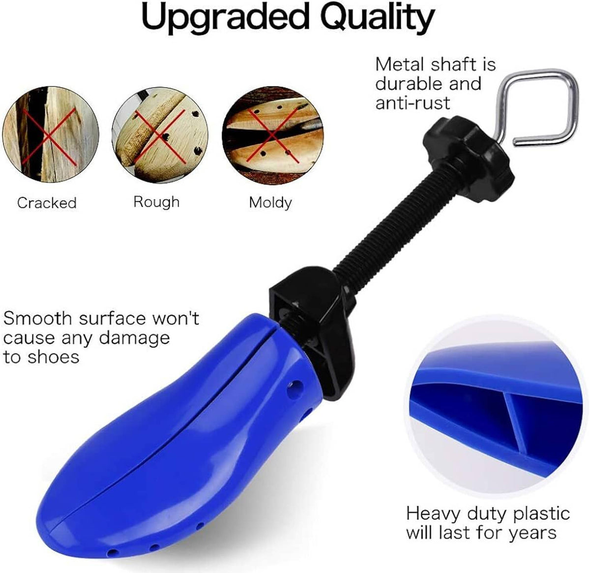 Blue plastic shoe expander with black threaded screw and U-shaped metal handle