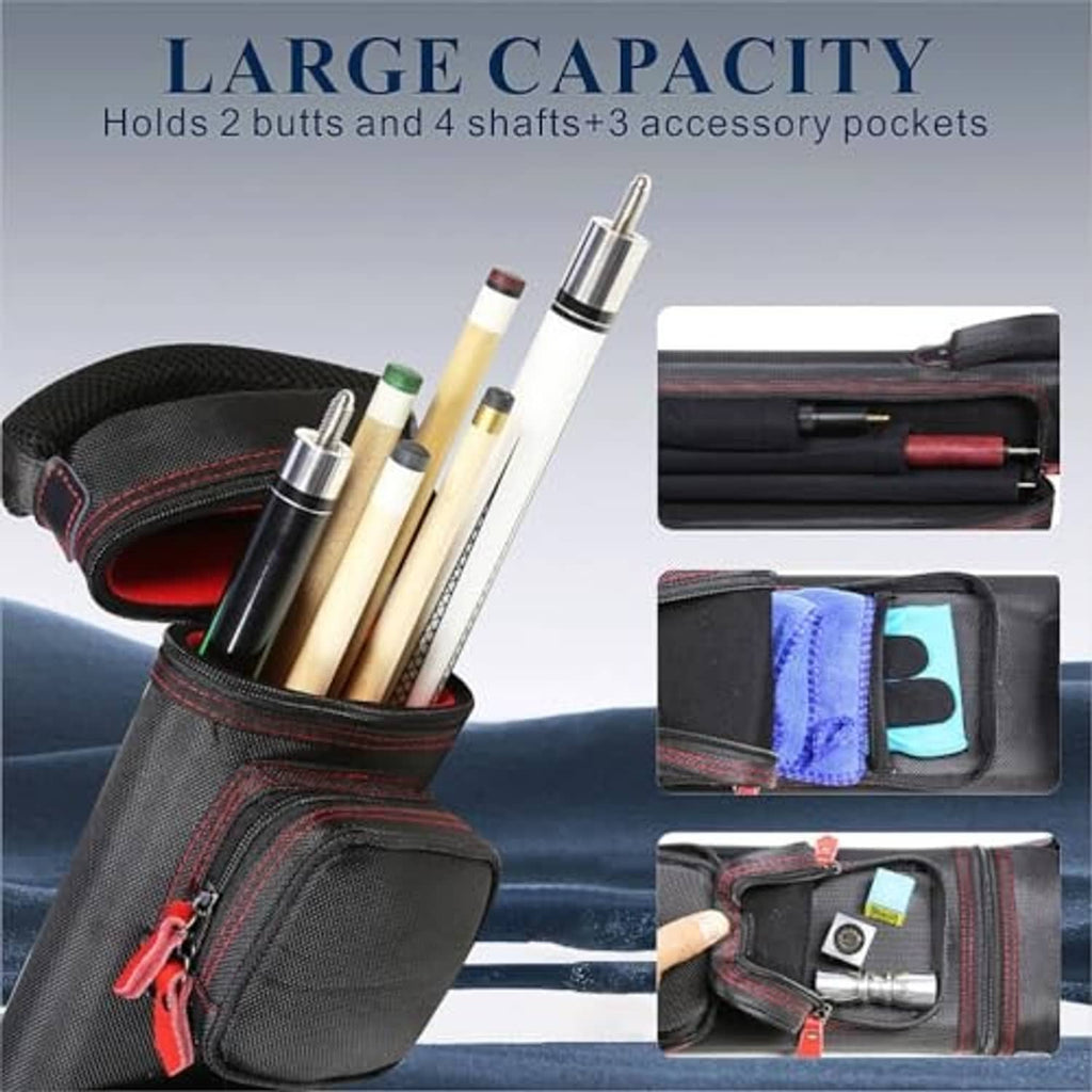 Nylon pool cue case, black with pink trim, holds cue sticks and small accessory pockets