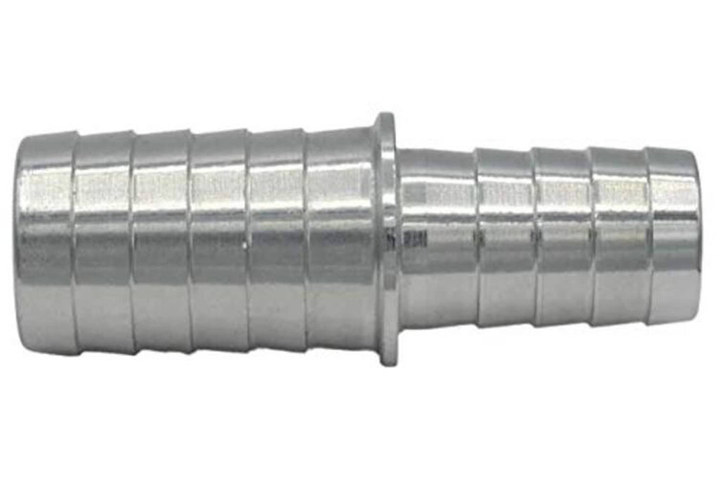 Metal hose barb reducer splice coupler, 5/8 to 1/2 inch, side view with center joint