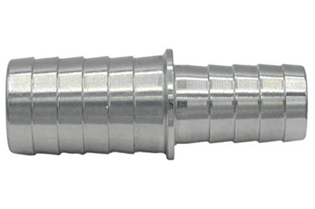 Metal hose barb reducer splice coupler, 5/8 to 1/2 inch, side view with center joint