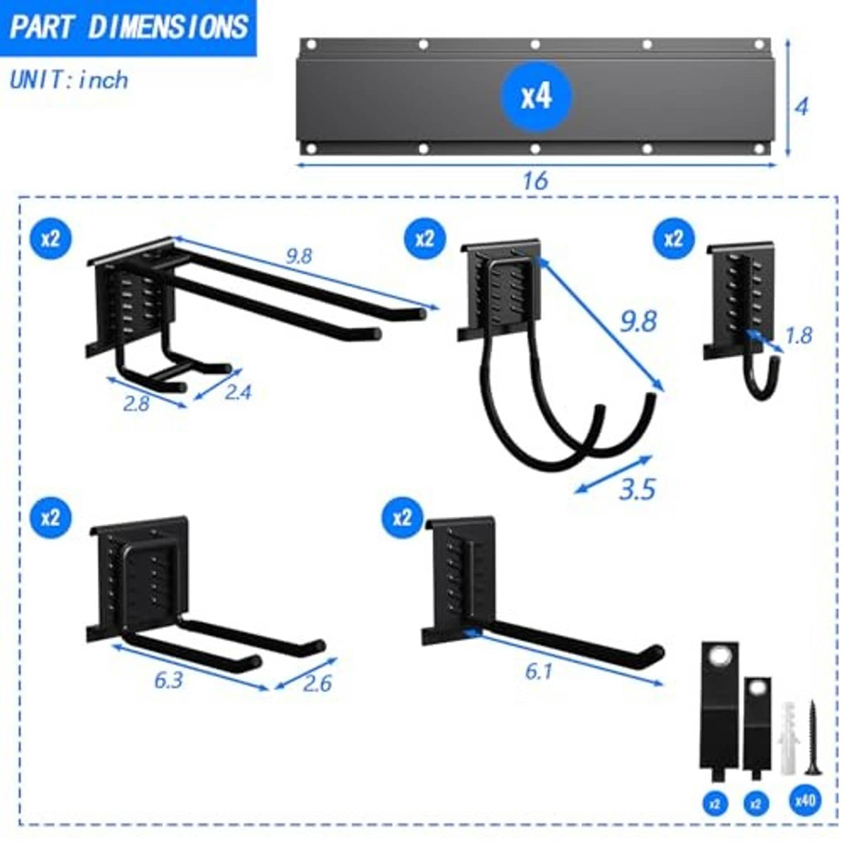 Black tool organizer wall mount with hook layout and size dimensions diagram