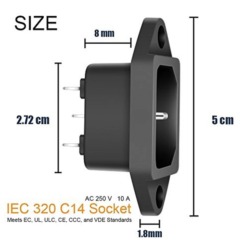IEC 320 C14 panel-mount power inlet socket adapter, size and terminal layout shown