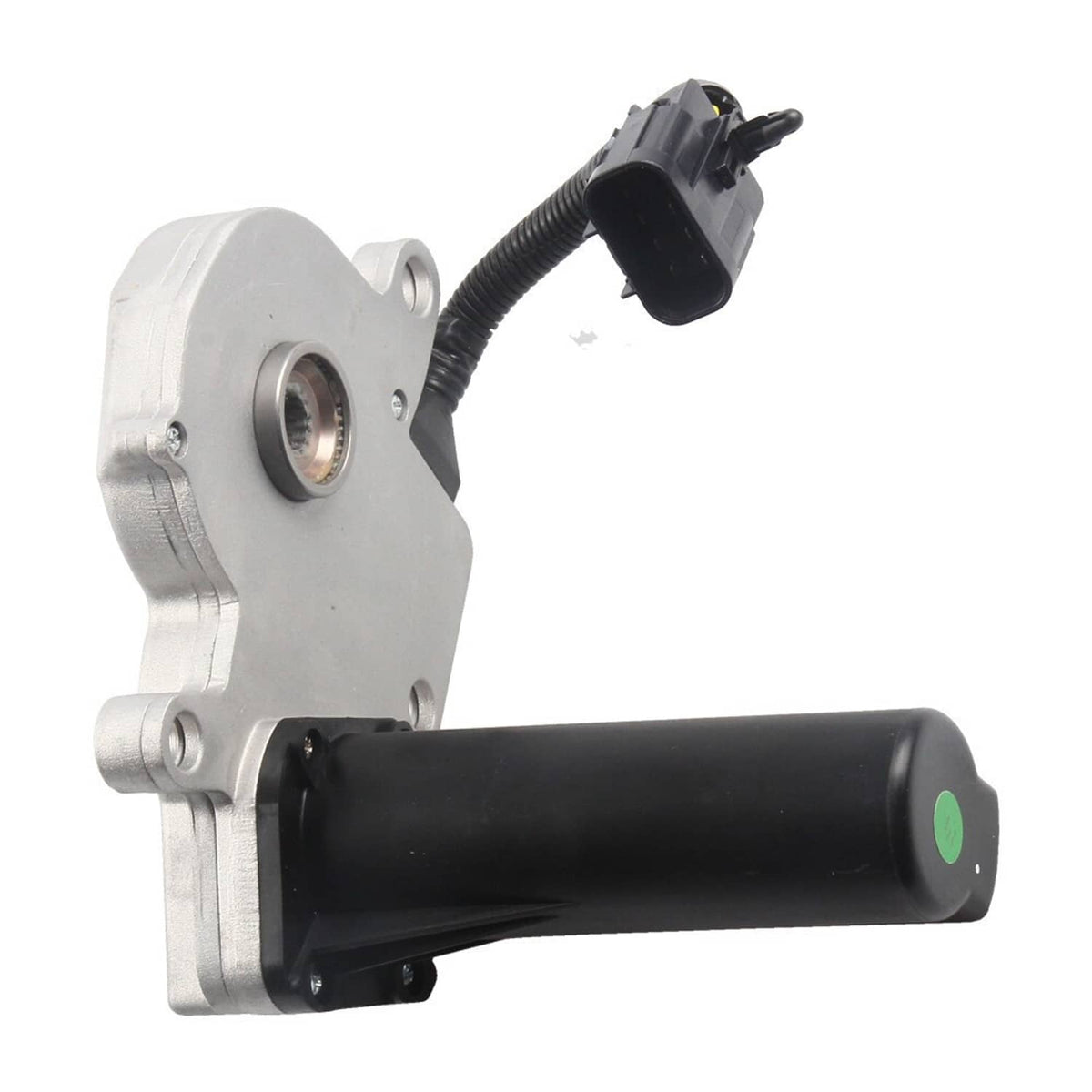 Transfer case actuator motor with silver mounting bracket and black cable connector