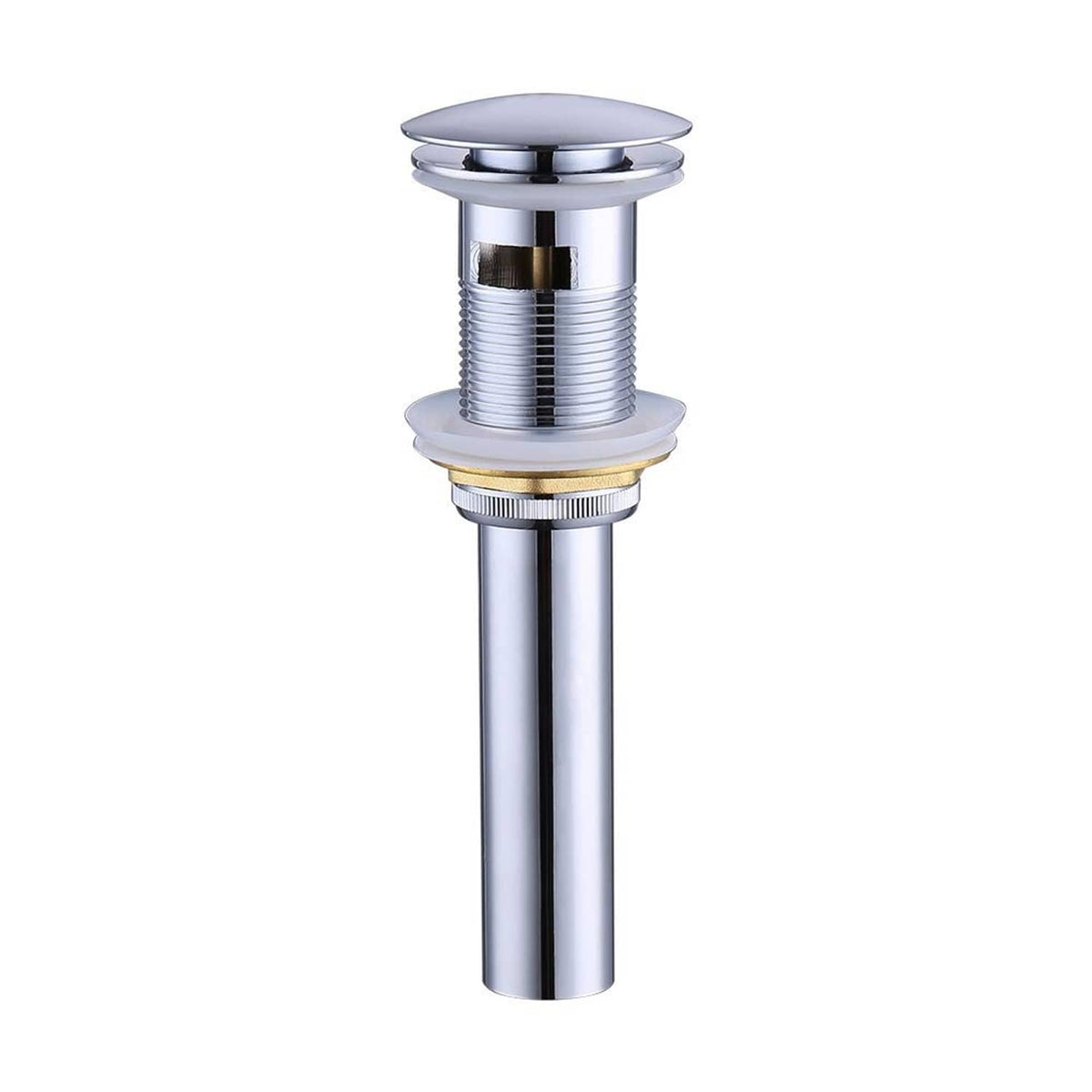 Polished chrome pop-up bathroom sink drain with overflow vessel and strainer