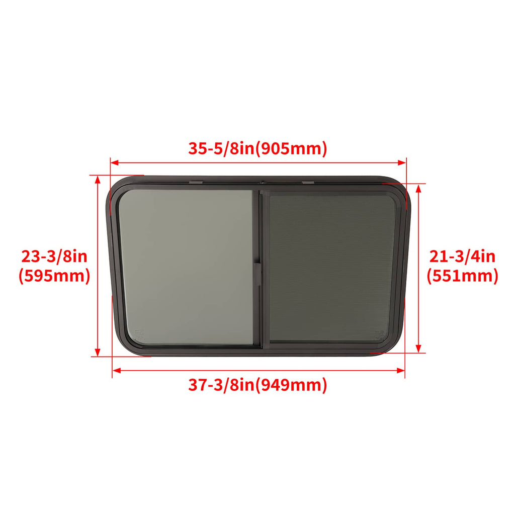 RV window size diagram with black-trim horizontal slider and two tinted panes