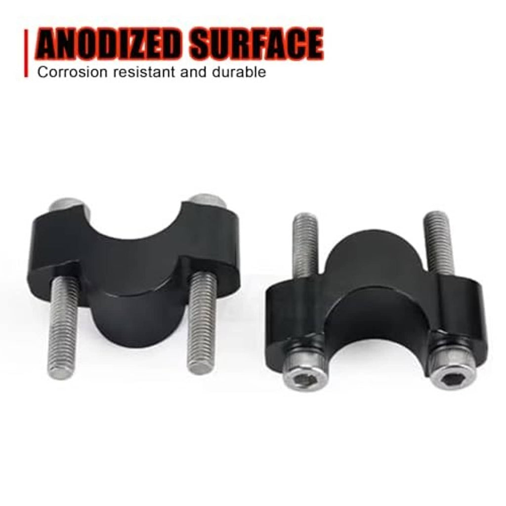 Anodized black handlebar riser mount clamps with silver threaded bolts