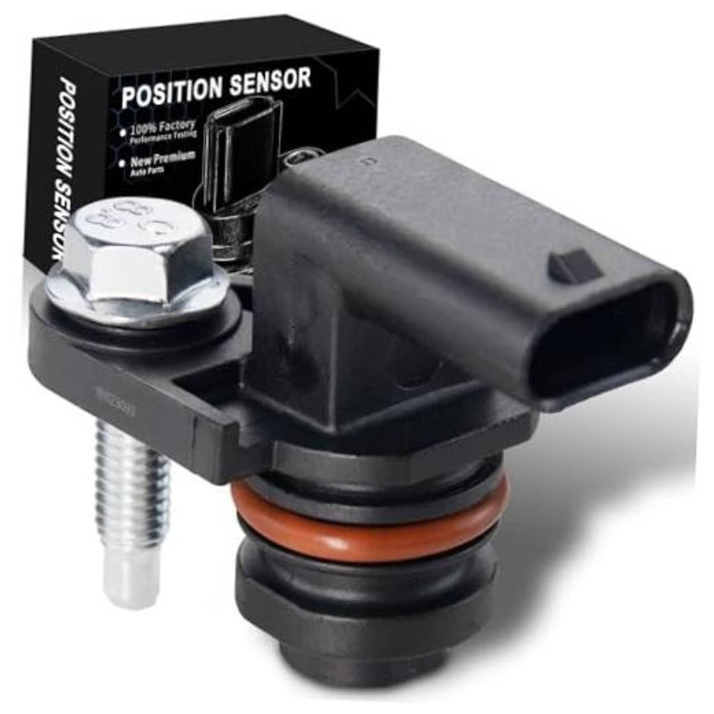 Camshaft position sensor with black housing, orange seal ring, and metal mounting bolt