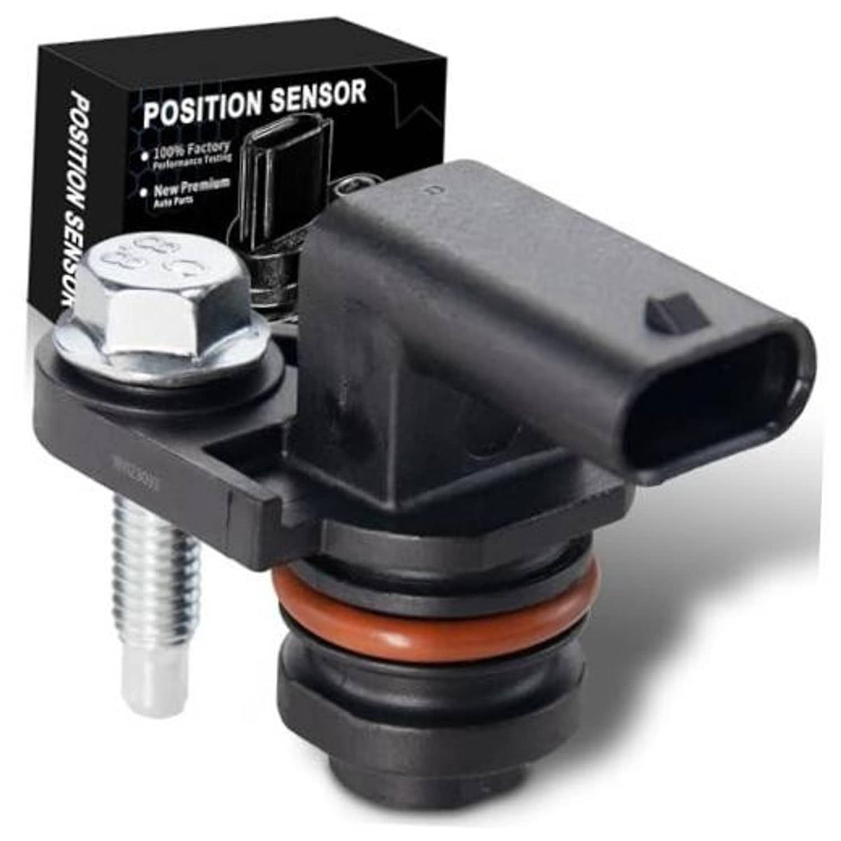 Camshaft position sensor with black housing, orange seal ring, and metal mounting bolt